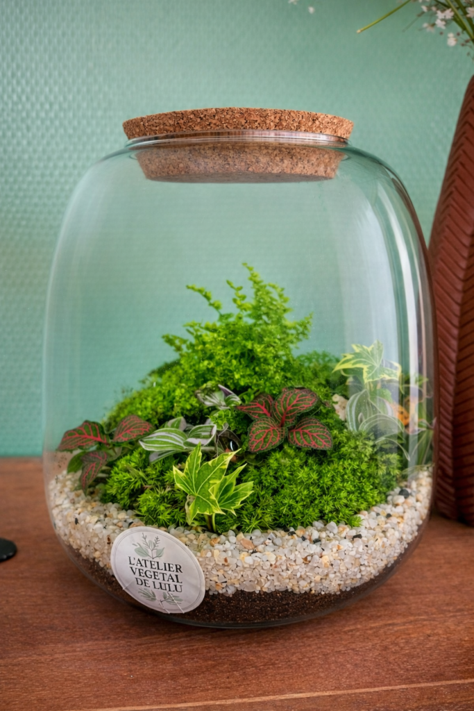 Terrarium végétal artisanal en verre fermé avec plantes naturelles by l'Atelier Végétal de Lulu