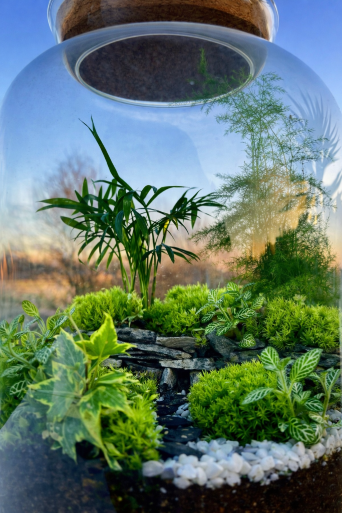 Terrarium végétal artisanal en verre fermé avec plantes naturelles by l'Atelier Végétal de Lulu